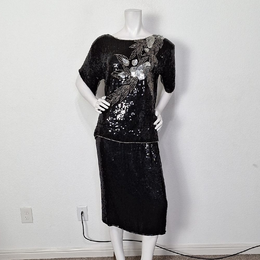 Jewel Queen Black Vintage 80’s 100% Silk Retro Beaded Sequin Skirt Set Size M